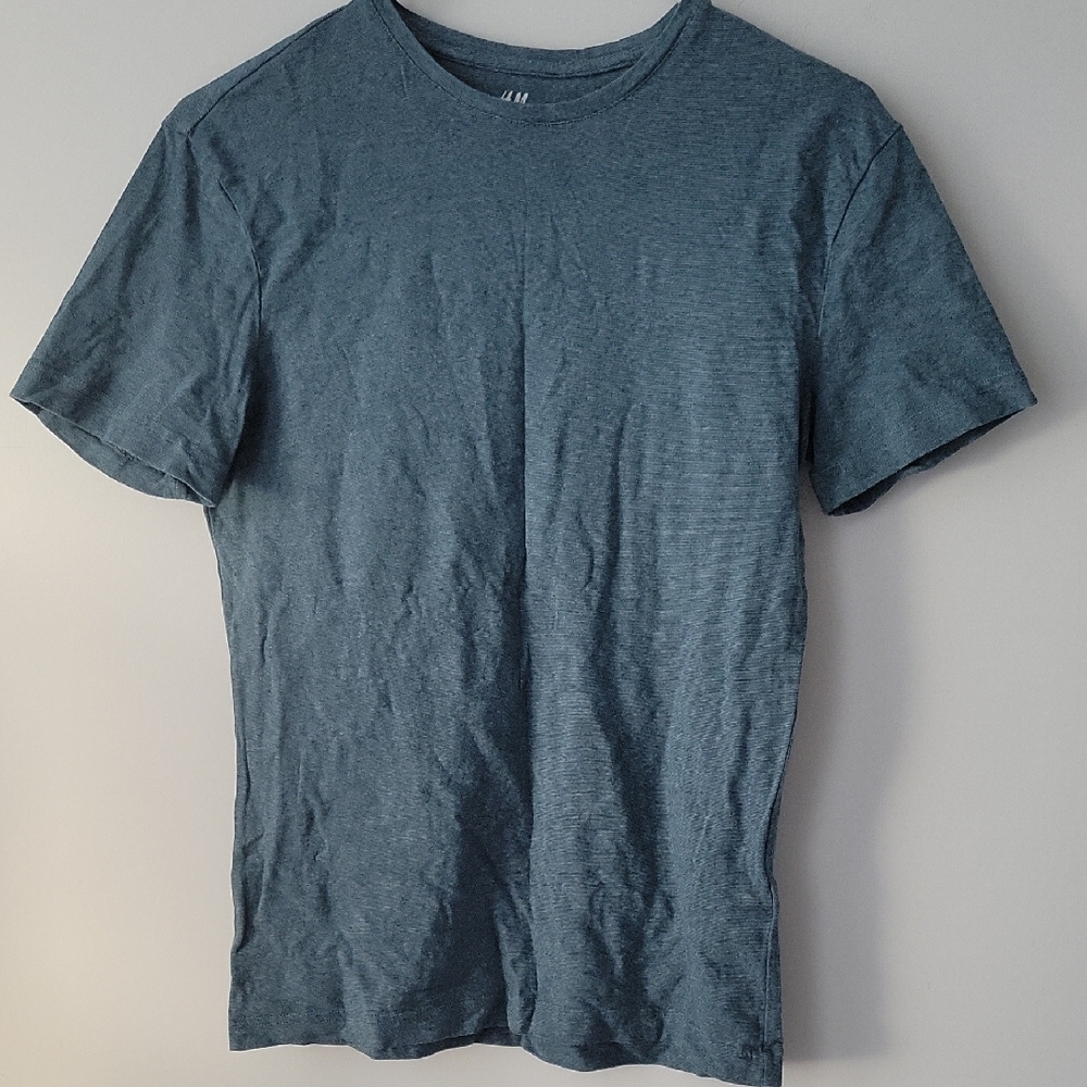 3/$8 H&M Slate Thin Striped Blue Short Sleeve Slim Fit T-Shirt